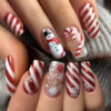 Wholesale WM-311 Red and White Striped False Nails, Long T-Shaped Style, Christmas Snowflake and Snowman Line Decorations, Wearable Nail Tips