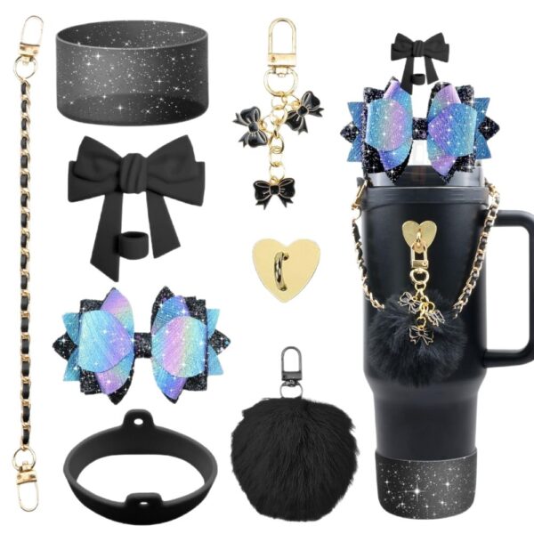 Wholesale stanley Cup Handheld Rope Silicone Cup Cover Straw Cap Bow Hanging Colorful Fluffy Ball Cup Chain Party Suit