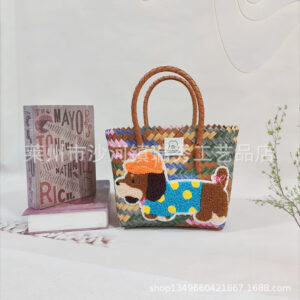 Gray color hand basket with colorful hat puppy embroider