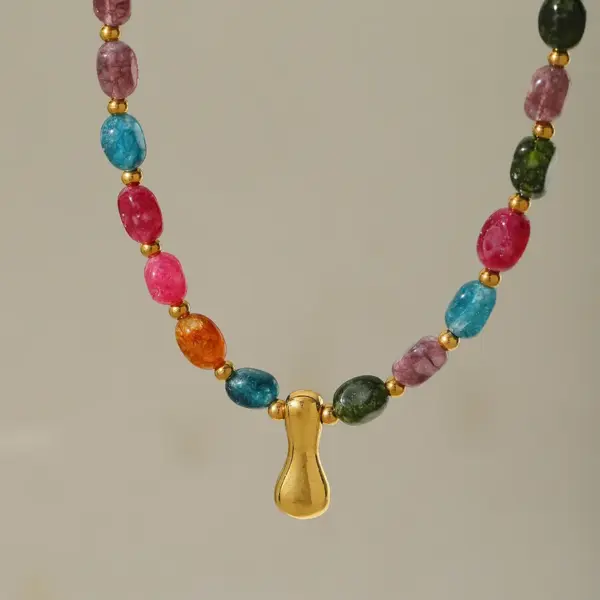 Wholesale Casual Elegant Classical Geometric Letter 304 Stainless Steel Natural Stone 14K Gold Plated 18K Gold Plated Natural Stone Beaded Chain Pendant Necklace In Bulk