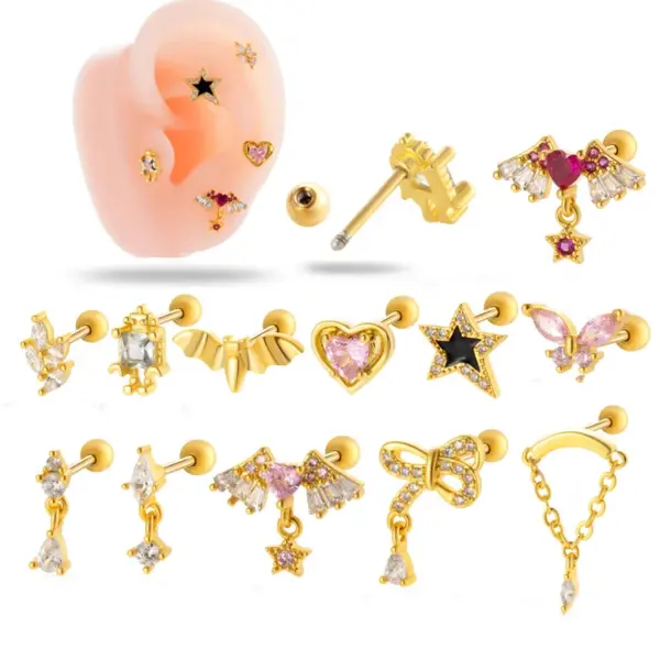 316 Stainless Steel Copper Zircon Heart Shape Wings Bow Knot Vintage Style French Style Simple Style Cartilage Earrings For Women's