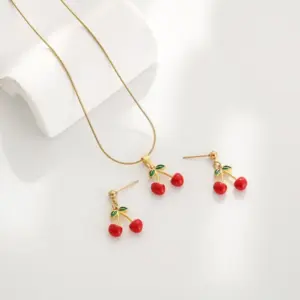 Wholesale Jewelry Sweet Cherry Strawberry 304 Stainless Steel Enamel Plating Earrings Necklace Snake Chain
