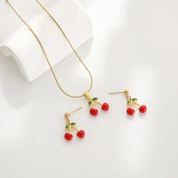 Wholesale Jewelry Sweet Cherry Strawberry 304 Stainless Steel Enamel Plating Earrings Necklace Snake Chain