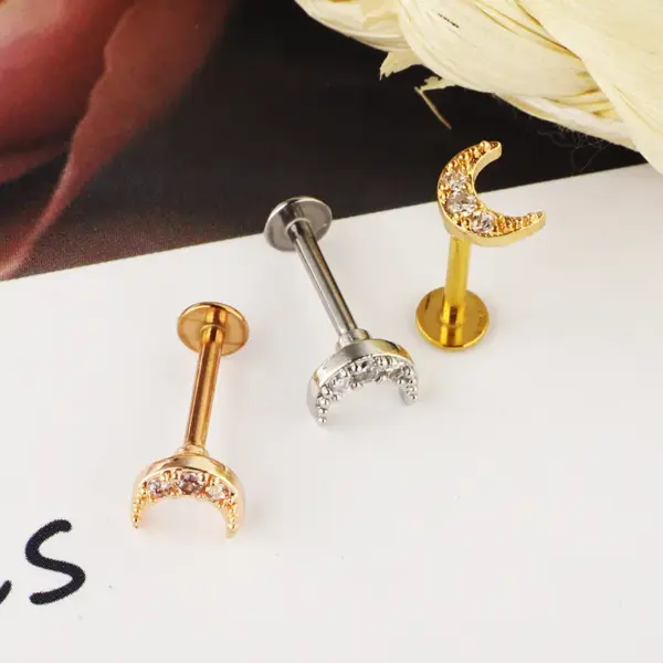 Wholesale Simple Style Moon Stainless Steel Zircon Lip Stud Ear Studs 1 Piece