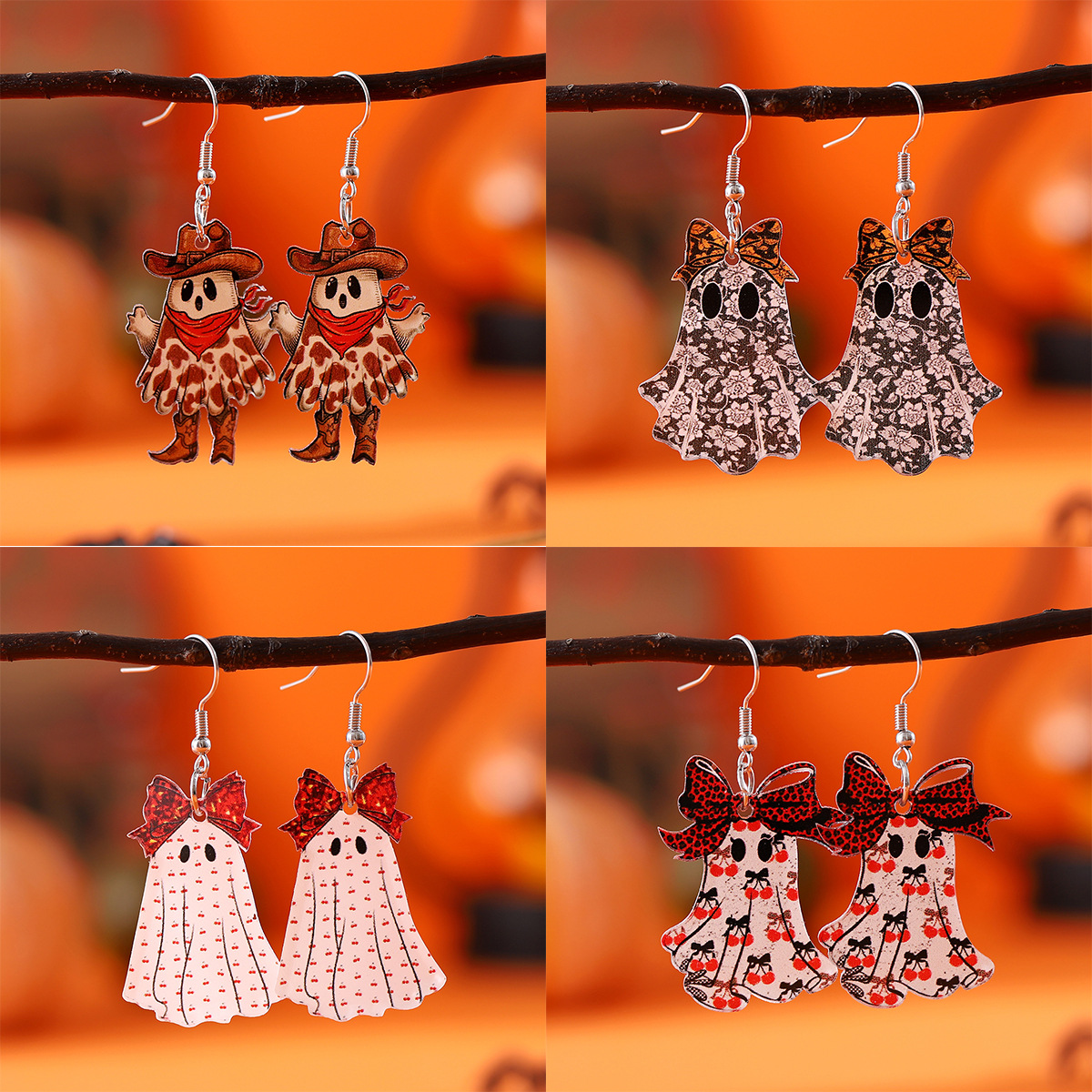 Wholesale Gothic Leopard Print Bow Cherry Blossom Acrylic Earrings