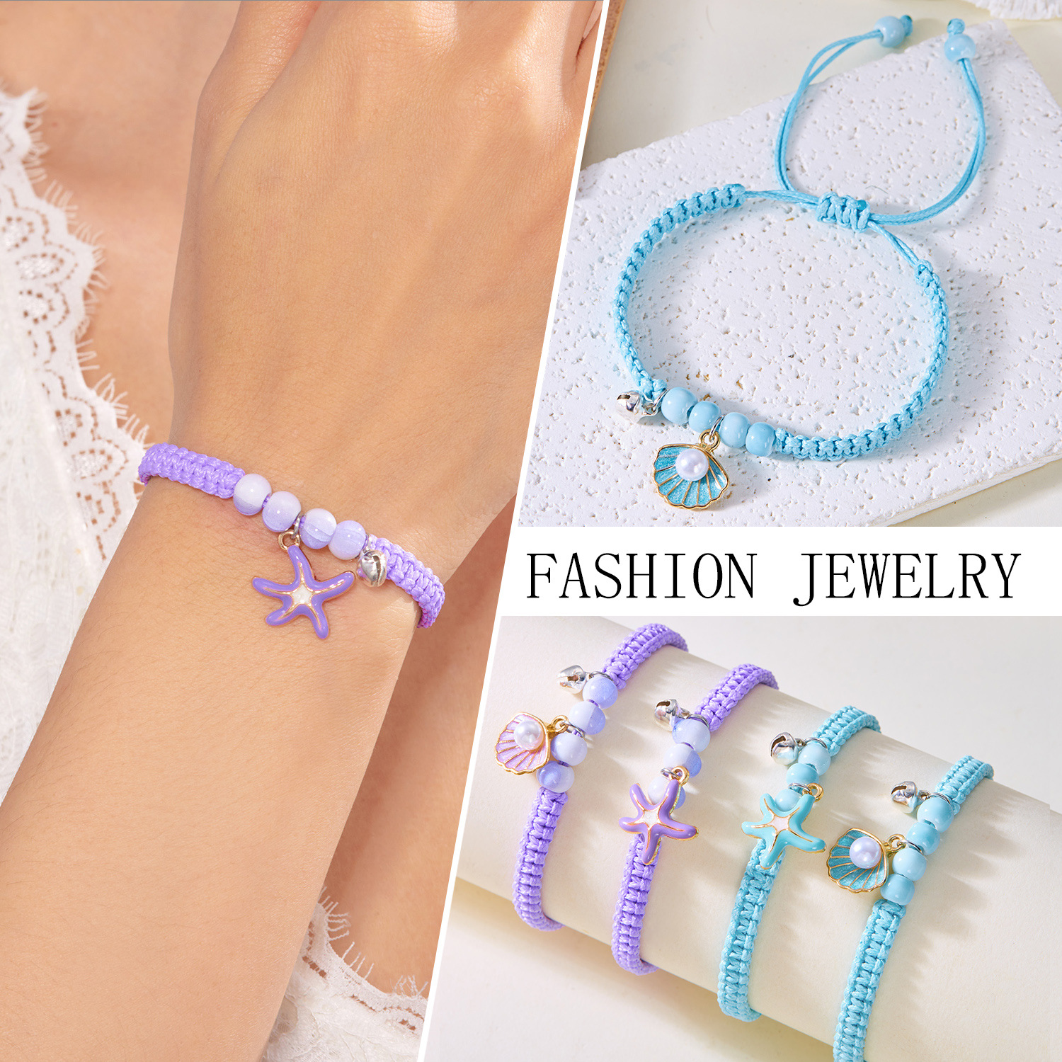 Wholesale Fashionable All-match opping Oil Starfish Ceramic Bead Bell Woven Bracelet Beaded Pendant Adjustable Cole Girlfriend Bracelet