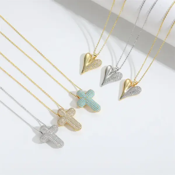 Copper Cable Chain 14K Gold Plated Cross Heart Shape Zircon Necklace