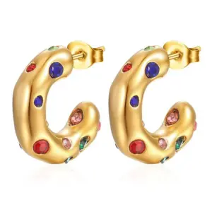 Gold C- Shaped Colorful Crystals Earrings Ms-059