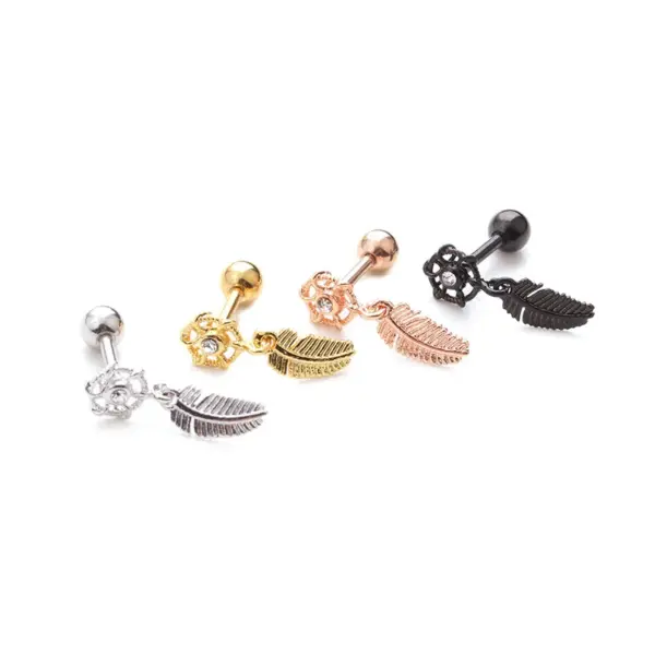 Wholesale Copper Zircon Ear Cartilage Rings & Studs Leaf Waterproof Non Tarnish Surgical Steel