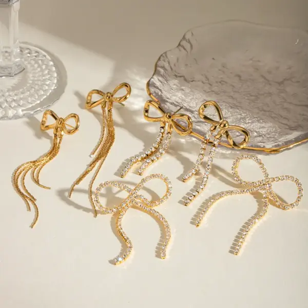 Wholesale 304 Stainless Steel Tassel Bow Knot PVD Coated Rhinestones 18K Real Gold Plated Real Gold Plated 18K Gold Vacation Simple Style IG Style Waterproof Non Tarnish Inlay Gold Drop Earrings