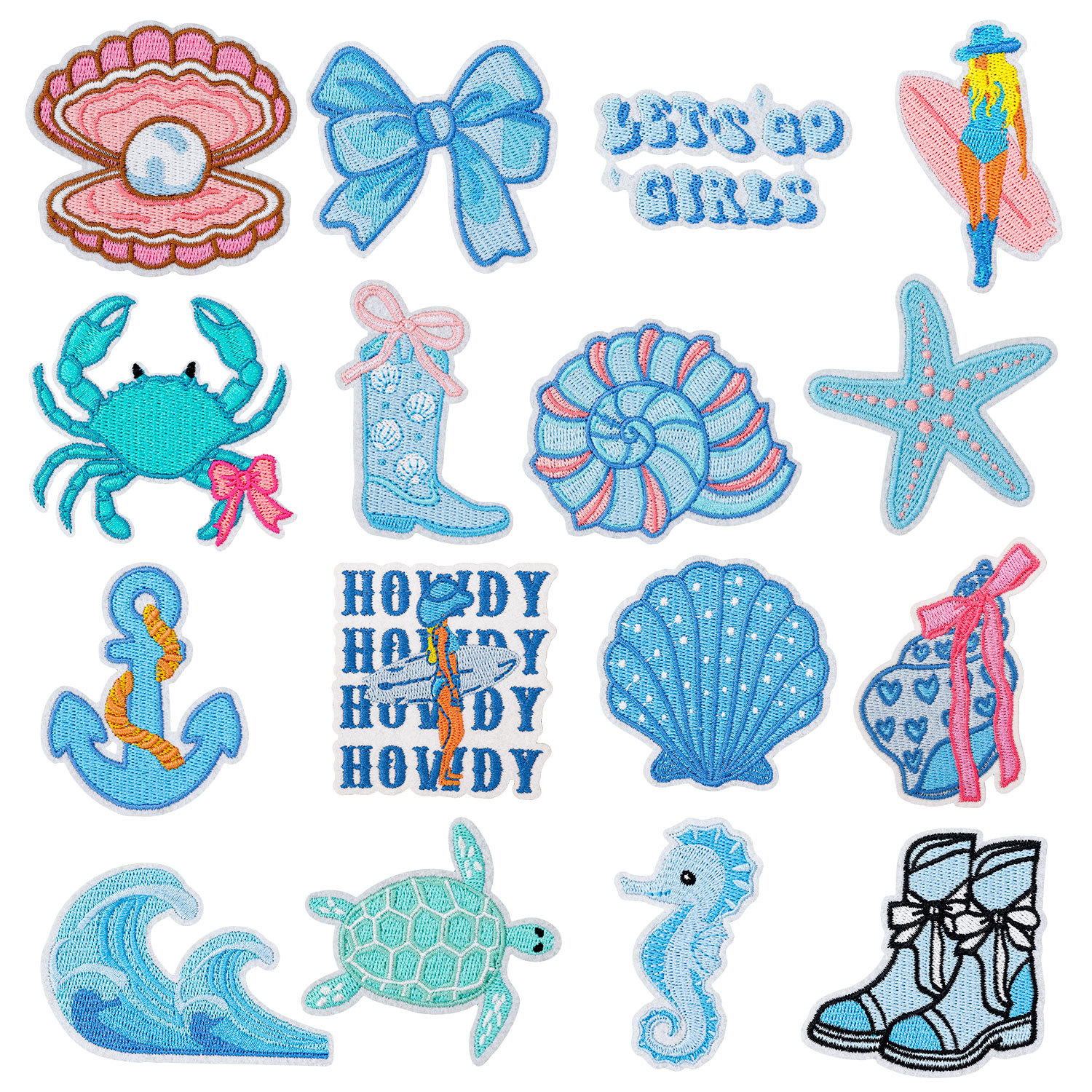 Wholesale American Ocean Style 16-Piece Embroidered Fabric Applique Set: Vacation Seahorse Anchor Surfing Girl Seashell High-Density Applique