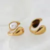 Real Gold Plated 304 Stainless Steel Ion Plating (IP) Pearl Tiger Eye Geometric Waterproof Non Tarnish Simple Style Open Rings For Women's