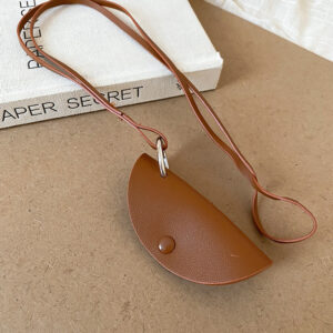 Brown leather snap semi-circular key bag key chain necklace