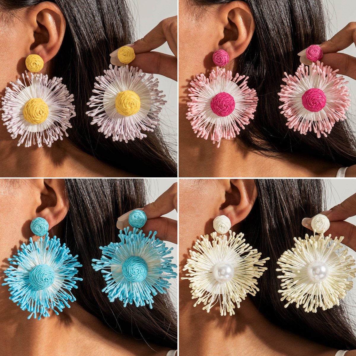 Wholesale European and American Cross-Border Hand-Woven Raia Holiday Style Earrings Fashionable Color Matching Beach Style Flower Earrings Earrings