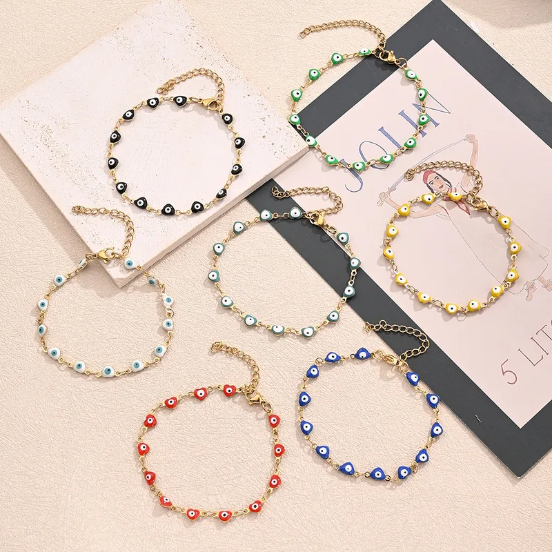 Wholesale Casual Classic Style Devil's Eye Color Block Heart Shape 304 Stainless Steel 18K Gold Plated Bracelets In Bulk