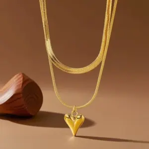 X01253-Double Layer Heart Necklace- Gold