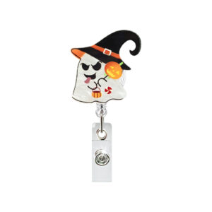 Ghost wearing a hat holding a pumpkin stick