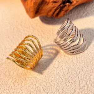 Wholesale PVD Coated Real Gold Plated 18K Gold Stripe 304 Stainless Steel Casual Retro Waterproof Non Tarnish Open Rings