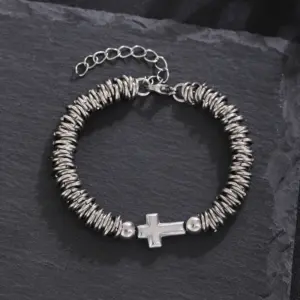 Silver / 17+5cm / Round Bead Circle Cross Bracelet