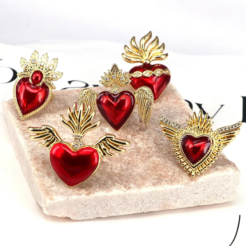 Wholesale Copper Inlay Heart Shape Wings Zircon Open Rings