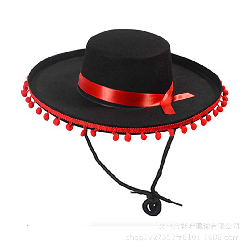 Wholesale Fun Brim Top Hat Zorro Fur Ball Felt Hat Fancy Costume Hat