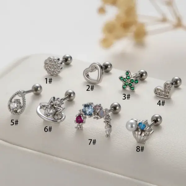 Wholesale 1 Piece 316L Stainless Steel Copper Pearl Zircon Ear Cartilage Rings & Studs Leaves Water Droplets Heart Shape Waterproof Non Tarnish Surgical Steel