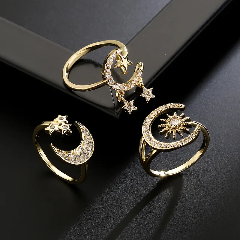 Wholesale Fashion Geometric Copper 18k Gold Zircon Star Moon Geometric Open Ring