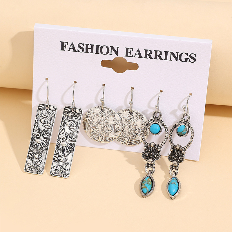 Wholesale Bohemian Vintage Carved Turquoise Earring Set