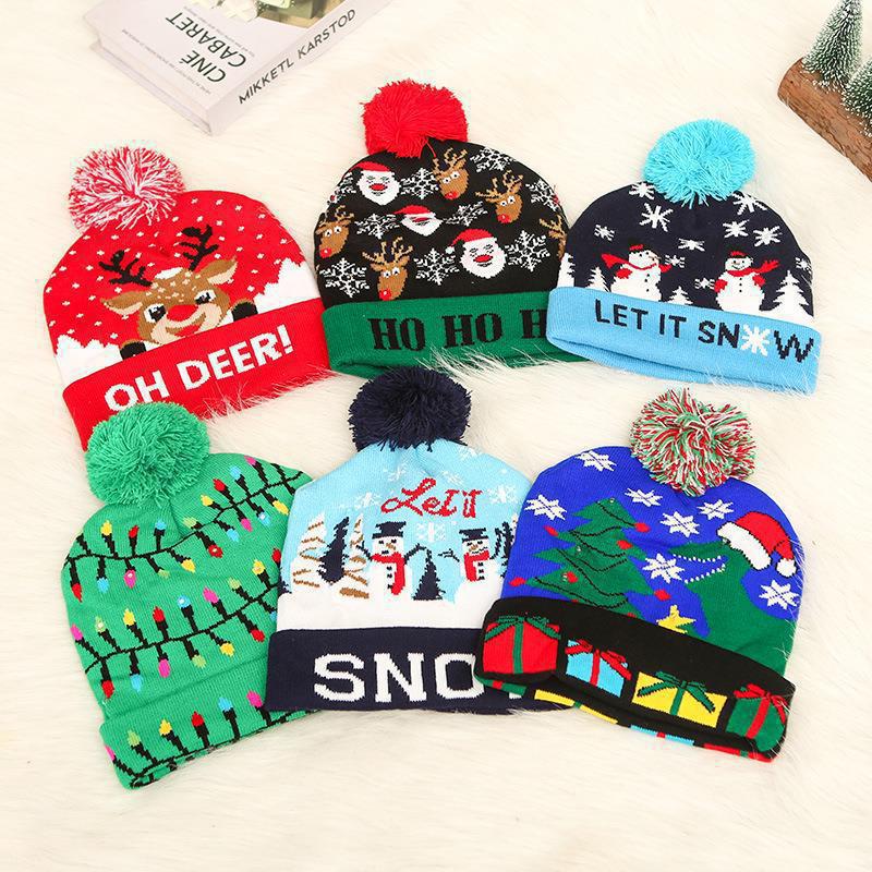 Wholesale Cross-Border Christmas Decoration Splies Cued Ball Knitted Hat Led Light Luminous Hat Adult and Kidsren's Hat