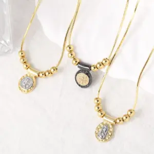Wholesale Jewelry Modern Style Simple Style Cross Virgin Mary Copper 18K Gold Plated Beaded Pendant Necklace