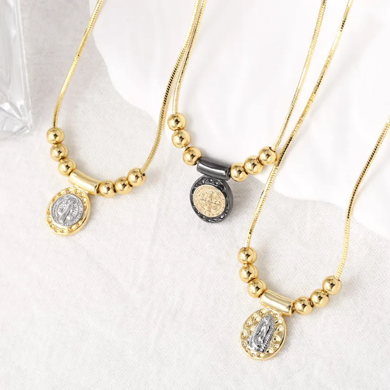 Wholesale Jewelry Modern Style Simple Style Cross Virgin Mary Copper 18K Gold Plated Beaded Pendant Necklace