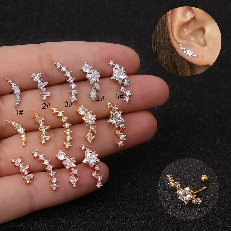 Wholesale 316L Stainless Steel Copper Zircon Ear Cartilage Rings & Studs Geometric Waterproof Non Tarnish Surgical Steel