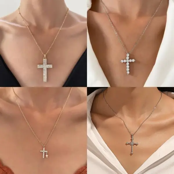 Wholesale Stainless Steel Copper Metal IG Style Plating Inlay Cross Rhinestones Zircon Artificial Pearls Necklace