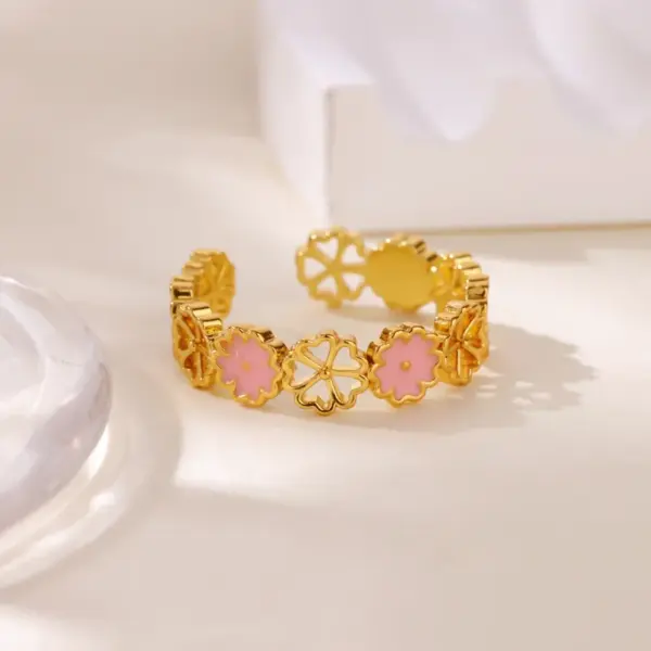 18K Gold Plated 304 Stainless Steel Vacuum Electroplating (In Furnace) Zircon Heart-shaped Flower Medical Steel Hypoallergenic Open Ring Beautiful Ring Valentine's Day Gift Jewelry