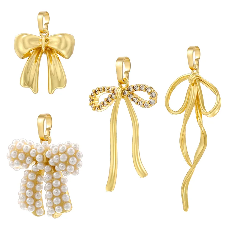 Wholesale 1 Piece 18.5*20mm 20*27.5mm 21.5*26mm Hole 1~1.9mm Hole 3~3.9mm Brass Pearl Zircon 18K Gold Plated Bow Knot lished Pendant