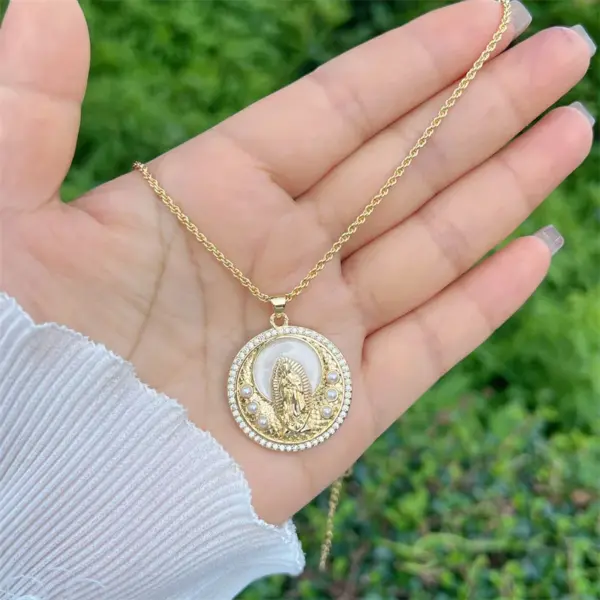 Copper 18K Gold Plated Enamel Inlay Round Virgin Mary Artificial Pearls Zircon Pendant Necklace
