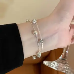 S515 Silver-Gypsophila Double Layer Stacked Bracelet