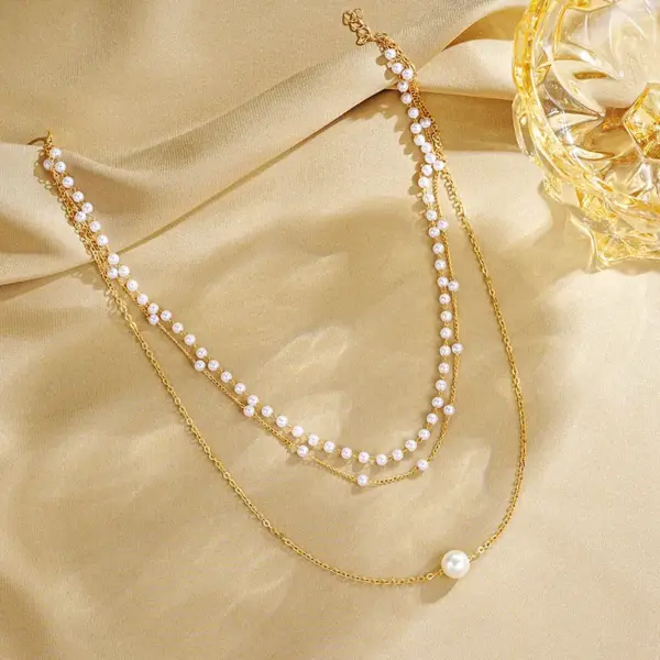 Simple Style Geometric Artificial Pearl Alloy Plating Women's Three Layer Necklace