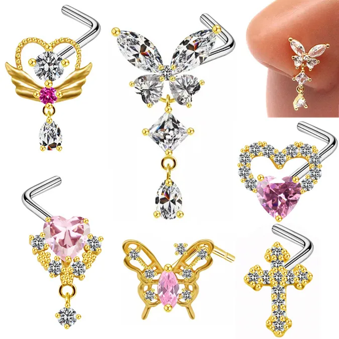 Wholesale Sexy Cross Heart Shape Butterfly Stainless Steel Titanium Copper Plating Inlay Zircon White Gold Plated Gold Plated Nose Studs Nose Pin