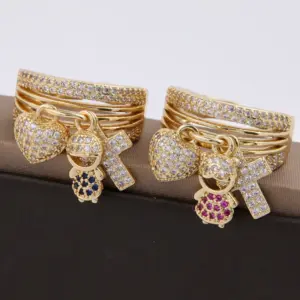 Wholesale Copper 18K Gold Plated Cute Modern Style Plating Inlay Human Heart Shape Zircon Wide Band Rings Charm Rings Open Rings