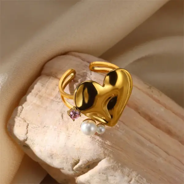 Wholesale PVD Coated Real Gold Plated Heart Shape Flower 304 Stainless Steel Imitation Pearl Elegant Classical Romantic Waterproof Non Tarnish Open Rings Rings