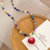 Wholesale Song Yanfei's Same Dopamine Colorful Beaded Necklace Red Heart Pendant for Women Summer Clavicle Chain Necklace Feel