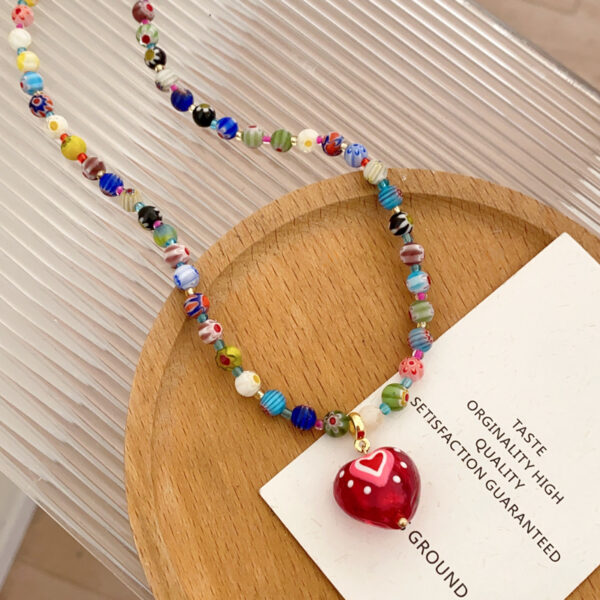 Wholesale Song Yanfei's Same Dopamine Colorful Beaded Necklace Red Heart Pendant for Women Summer Clavicle Chain Necklace Feel