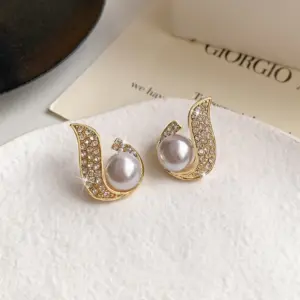 4-Gold Rhinestone Pearl Water Drop Ear Studs