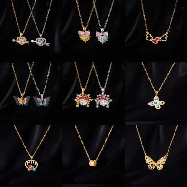 Wholesale Simple Style Cartoon Character Heart Shape Bow Knot Copper Inlay Zircon Pendant Necklace