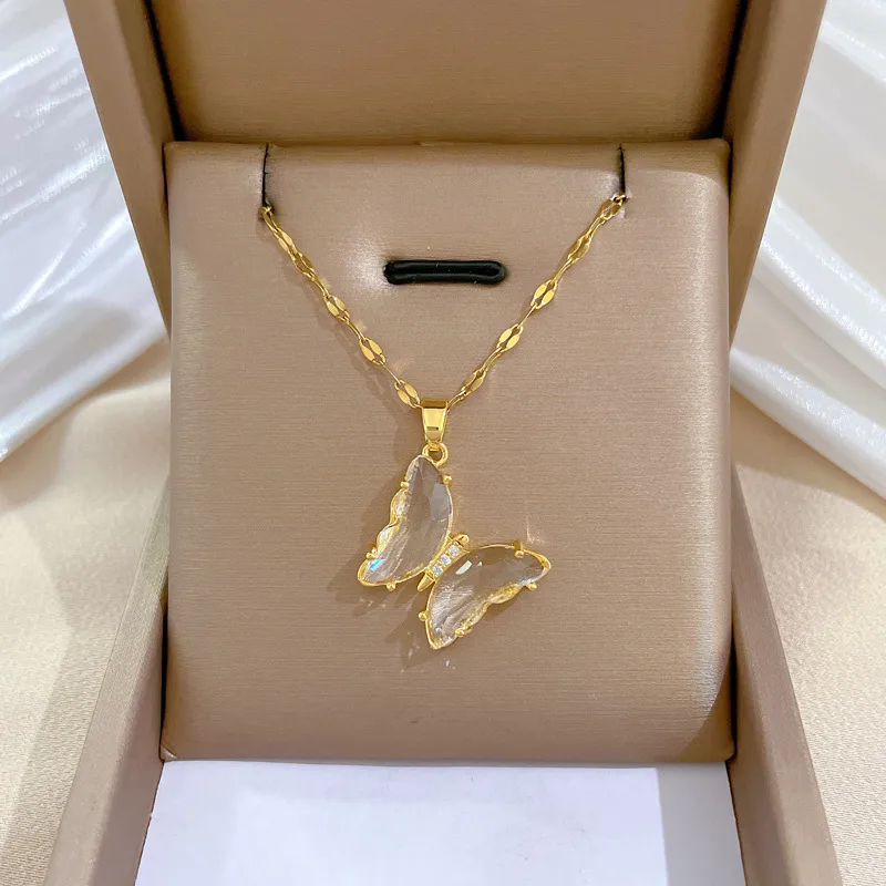 Wholesale Sweet Butterfly Titanium Steel Copper Plating Inlay Zircon Pendant Necklace