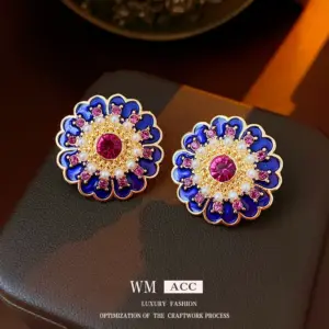 Silver Needle Middle Ancient Drop Oil Rhinestone Pearl Flower Earrings