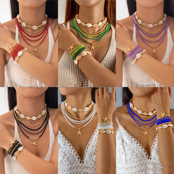 Wholesale Cross-border Bohemian Color Rice Beads Rope Necklace Bracelet suit Beach Wind Starfish Bracelet 12-piece Set