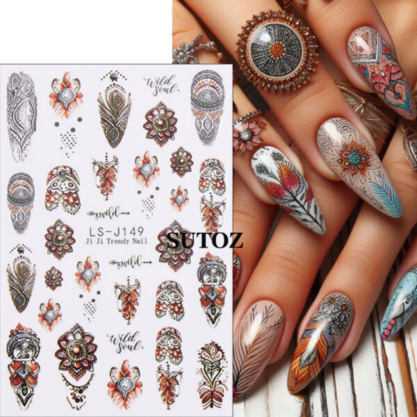 Wholesale Nail Art Stickers: Retro Bohemian Feather Pattern