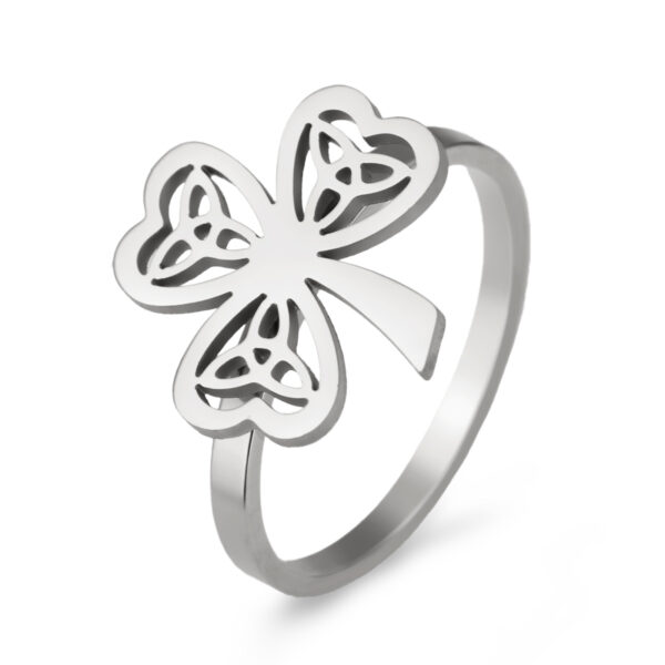 Wholesale Cross-border jewelry wholesale fashion high-end stainless steel hollow Celtic knot three-petal grass plug-in welding ring women
